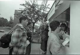 Communications Relations Opening Day 1991;  students in line for student information kiosk