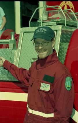 Open House 1998; Jeff standing in front of fire truck