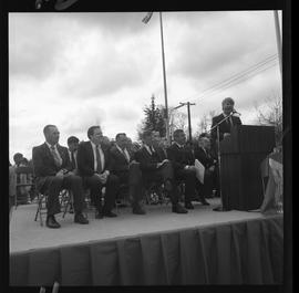 Merger of BCIT and PVI celebrations April 1986; people on outdoor stage [3 of 6 photographs]