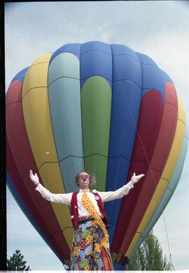 Open house 1992; clown standing in front of hot air balloon [photograph 1 of 2]