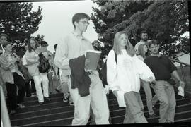 Communications Relations Opening Day 1991; group walking down stairs left angle view [photograph ...