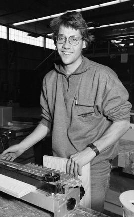 BCIT Carpentry, 1989, man with woodworking machine [1 of 2 photographs]