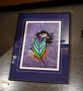 [unknown][feather with human head and hair, lines evocative of movement]