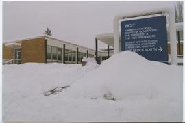 British Columbia Institute of Technology - Burnaby campus - exterior photograph of winter snow on...