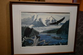 [unknown] [landscape with two dugout canoes being paddled, lake or inlet scene]