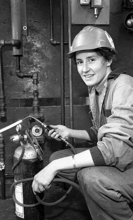 BCIT Women in Trades; plumbing, Megan with welding torch, February 1994 [5 of 5 photographs]