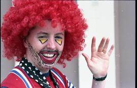Open house 1992; clown waving at camera