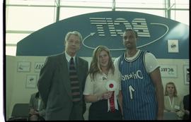 Open House 1998; two students pose with older man in suit with second prize ribbon [photograph 2 ...