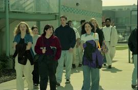 Open House 1998; mixed group walking past the energy building