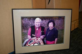 [unknown] [Bob George, BCIT Elder, with woman and drum]
