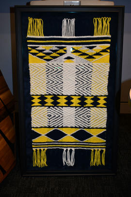 [untitled] unknown [1 of 3] [woven tapestry, BCIT colours, white, blue, yellow]
