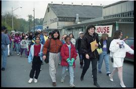 Open house 1992; teacher leading school children beside school bus [photograph 3 of 3]