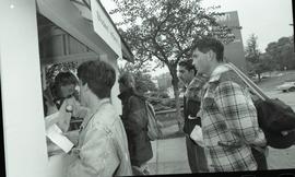 Communications Relations Opening Day 1991;  students waiting in line in front of student informat...