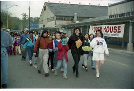 Open house 1992; teacher leading school children beside school bus [photograph 2 of 3]