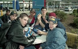 Open House 1998; group of male students having lunch posing for camera