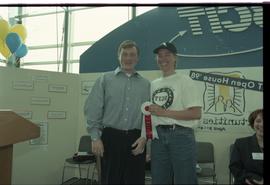 Open House 1998; two students grinning over second prize ribbon [photograph 2 of 2]